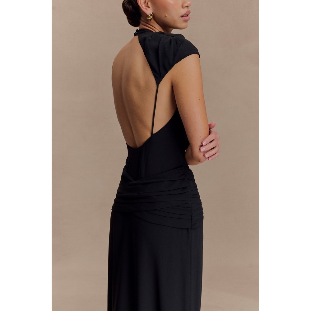 MESHKI Analia Chiffon Maxi Dress Black Asymmetric Draped Halter Gown formal XL